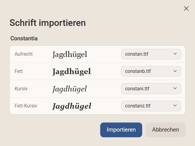 Der Dialog Schrift importieren mit der Familie Constantia: vier Plätze Aufrecht, Fett, Kursiv und Fett-Kursiv, jeder mit einem Muster in der Schrift der Datei und dem Dateinamen