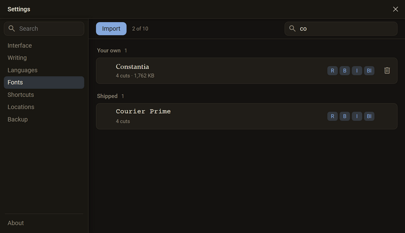 The settings on the page Fonts, searched for co: the group Your own with Constantia, four cuts and a recycle bin button, the group Shipped with Courier Prime, dark mode