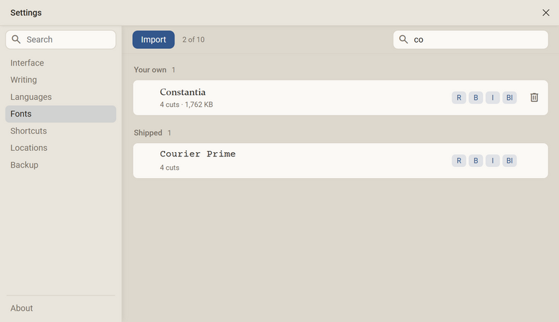 The settings on the page Fonts, searched for co: the group Your own with Constantia, four cuts and a recycle bin button, the group Shipped with Courier Prime