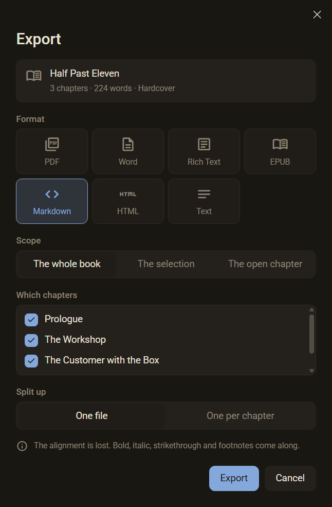 The Export dialog with the list Which chapters: Prologue, The Workshop and The Customer with the Box are ticked, the card above counts three chapters, dark mode
