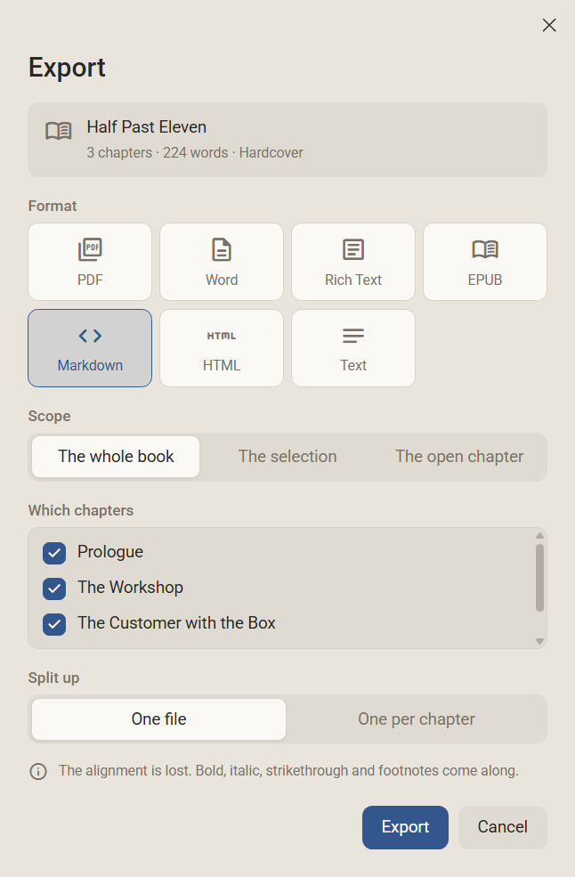 The Export dialog with the list Which chapters: Prologue, The Workshop and The Customer with the Box are ticked, the card above counts three chapters