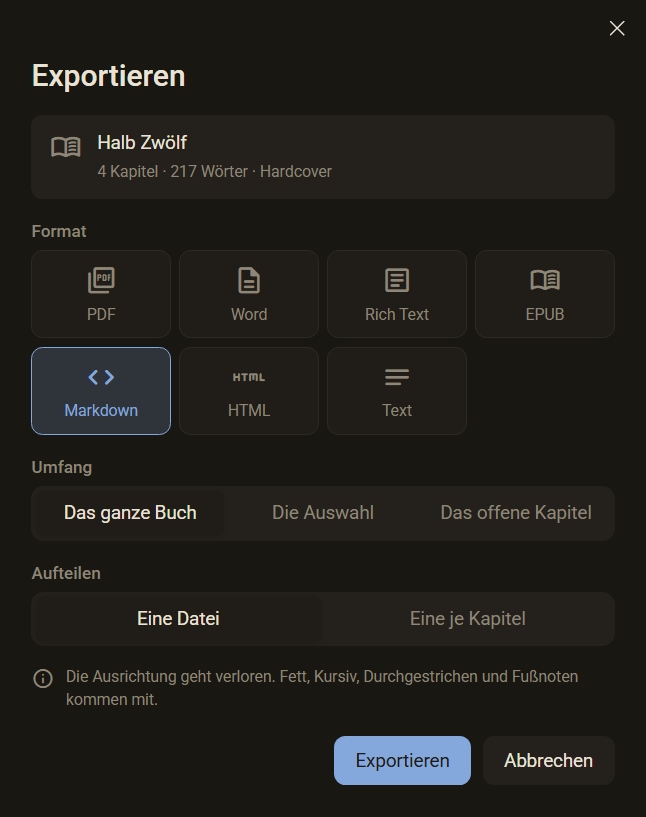 Der Dialog Exportieren mit gewähltem Format Markdown und der Frage Eine Datei oder Eine je Kapitel, dunkles Farbschema