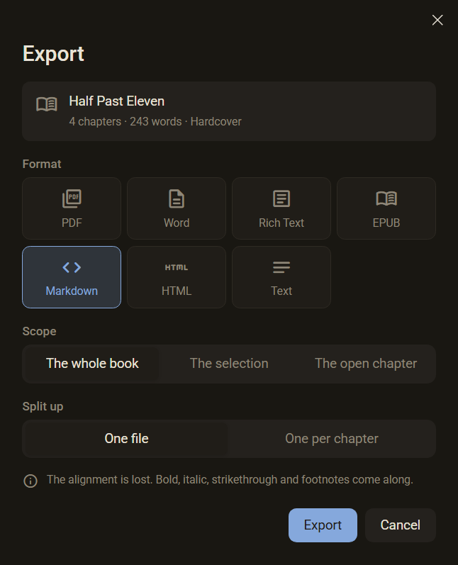 The Export dialog with the format Markdown chosen and the question One file or One per chapter, dark mode