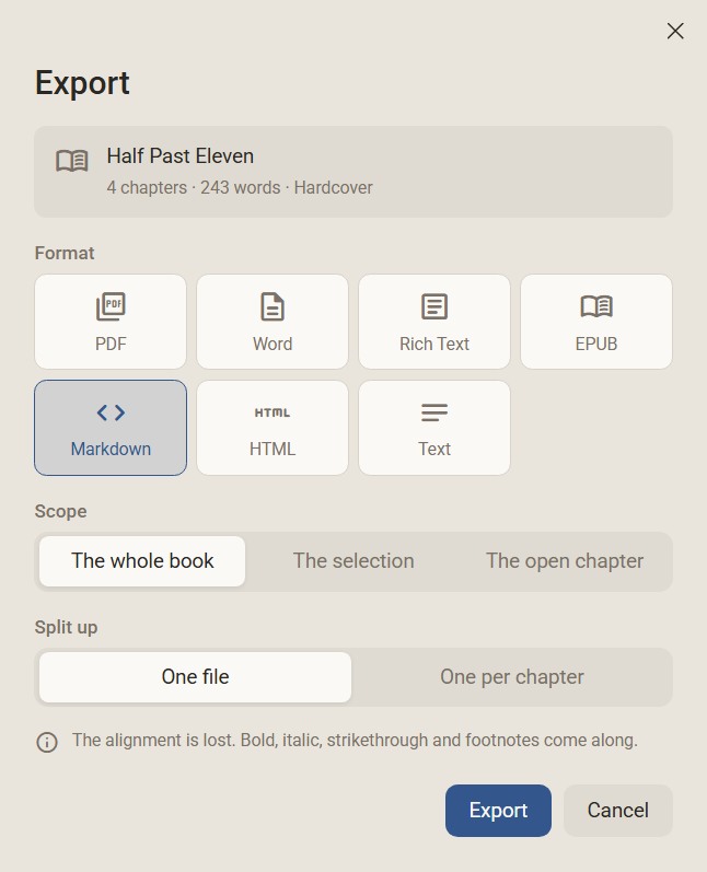 The Export dialog with the format Markdown chosen and the question One file or One per chapter