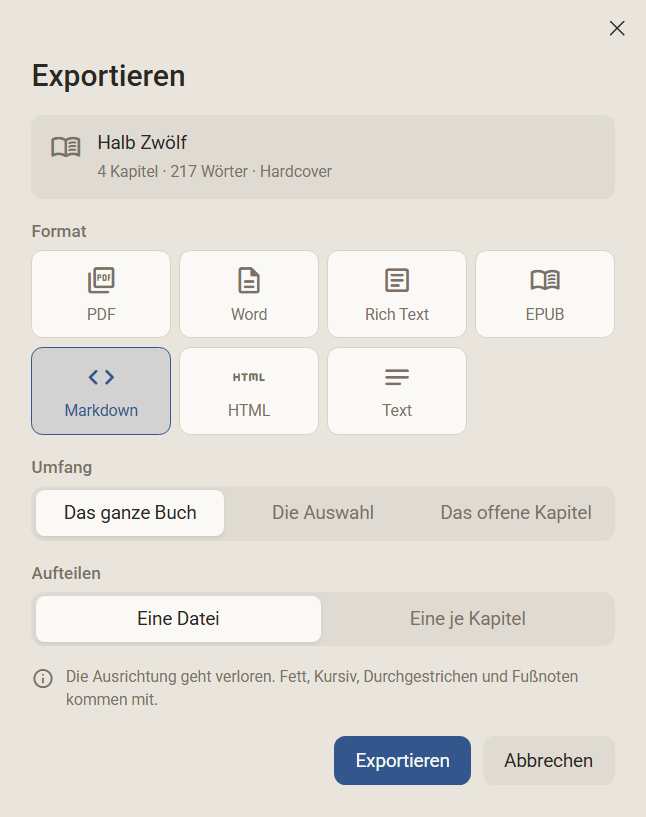 Der Dialog Exportieren mit gewähltem Format Markdown und der Frage Eine Datei oder Eine je Kapitel