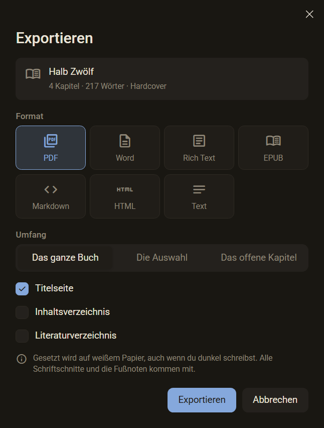 Der Dialog Exportieren mit den sieben Formaten, PDF gewählt, dem Umfang Das ganze Buch und den Feldern Titelseite, Inhaltsverzeichnis und Literaturverzeichnis, dunkles Farbschema