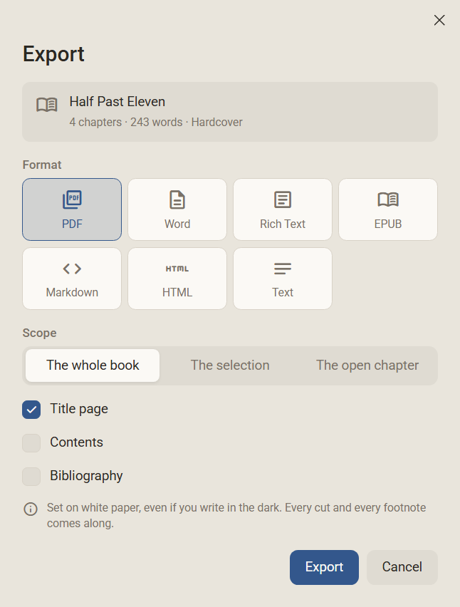 The Export dialog with the seven formats, PDF chosen, the scope The whole book and the fields Title page, Contents and Bibliography