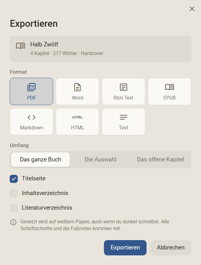 Der Dialog Exportieren mit den sieben Formaten, PDF gewählt, dem Umfang Das ganze Buch und den Feldern Titelseite, Inhaltsverzeichnis und Literaturverzeichnis