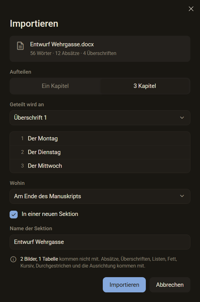 Der Dialog Importieren mit einer Word-Datei: 56 Wörter, 12 Absätze, 4 Überschriften, geteilt in 3 Kapitel an Überschrift 1, dazu die Zeile 2 Bilder, 1 Tabelle kommen nicht mit, dunkles Farbschema