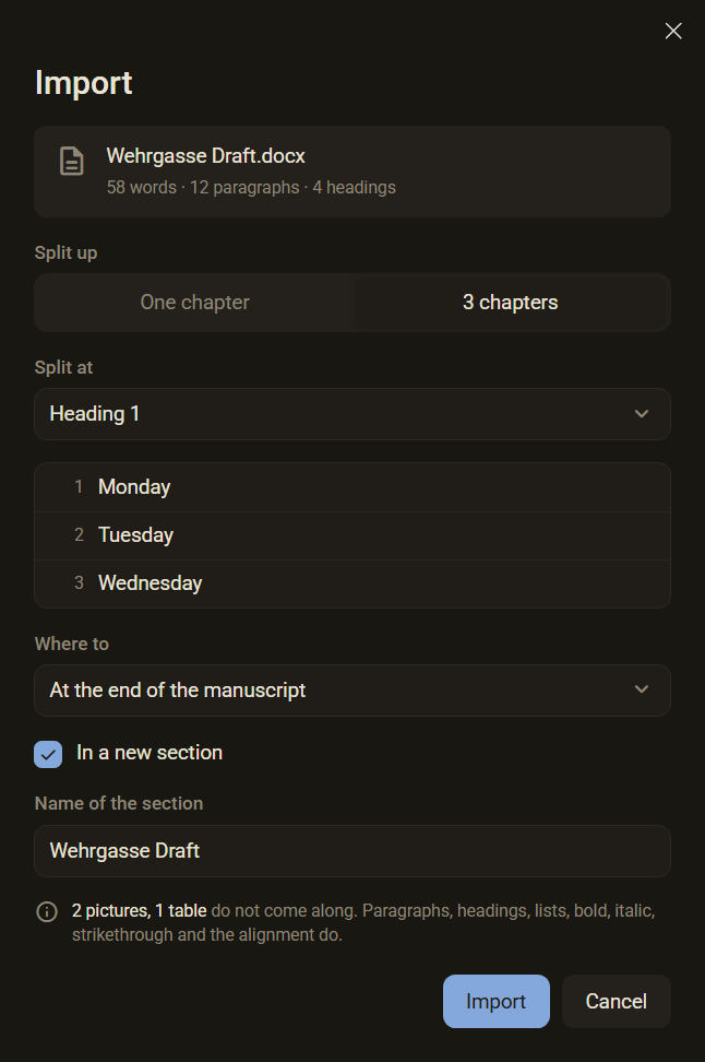 The Import dialog with a Word file: 56 words, 12 paragraphs, 4 headings, split into 3 chapters at Heading 1, plus the line 2 pictures, 1 table do not come along, dark mode