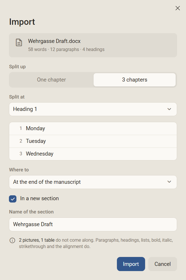 The Import dialog with a Word file: 56 words, 12 paragraphs, 4 headings, split into 3 chapters at Heading 1, plus the line 2 pictures, 1 table do not come along