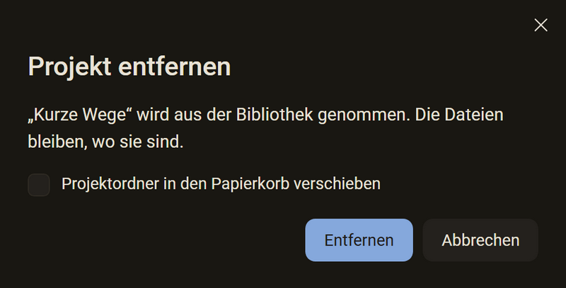 Der Dialog Projekt entfernen, dunkles Farbschema