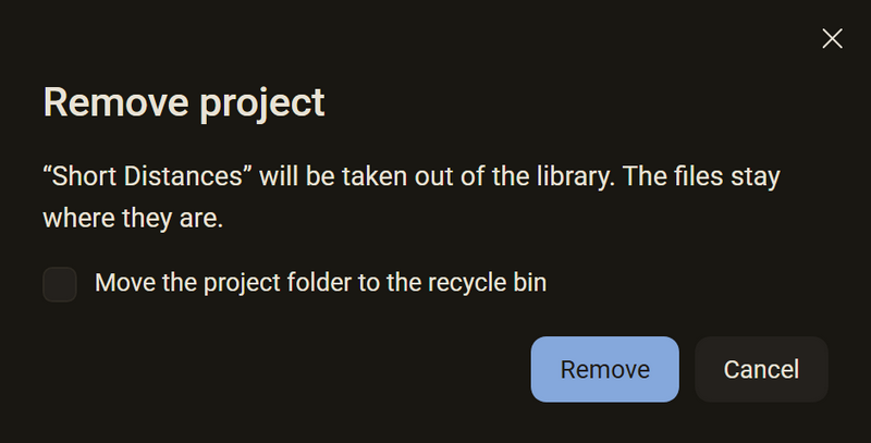 The dialog Remove project, dark mode