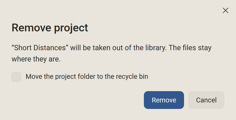 The dialog Remove project with the check mark Move the project folder to the recycle bin
