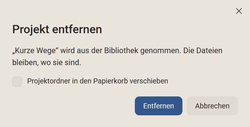 Der Dialog Projekt entfernen mit dem Haken Projektordner in den Papierkorb verschieben