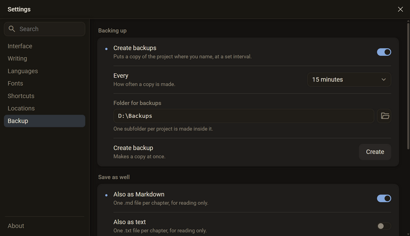 The settings in the category Backup with the switch Create backups, the interval 15 minutes, the folder for backups and the button Create, dark mode
