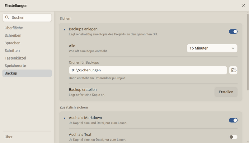 Die Einstellungen in der Kategorie Backup mit dem Schalter Backups anlegen, dem Takt 15 Minuten, dem Ordner für Backups und dem Knopf Erstellen