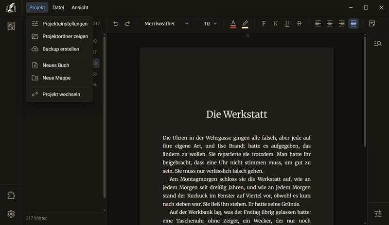 Das Menü Projekt im Manuskript mit den Einträgen Projekteinstellungen, Projektordner zeigen, Backup erstellen, Neues Buch, Neue Mappe und Projekt wechseln, dunkles Farbschema