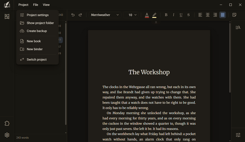 The Project menu in the manuscript with the entries Project settings, Show project folder, Create backup, New book, New binder and Switch project, dark mode