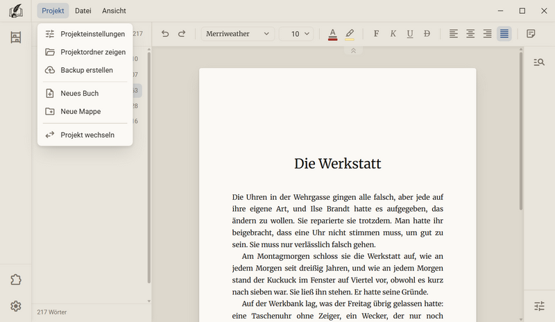 Das Menü Projekt im Manuskript mit den Einträgen Projekteinstellungen, Projektordner zeigen, Backup erstellen, Neues Buch, Neue Mappe und Projekt wechseln