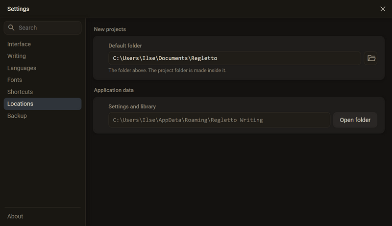 The settings in the category Locations with the default folder and the field Settings and library with the button Open folder, dark mode