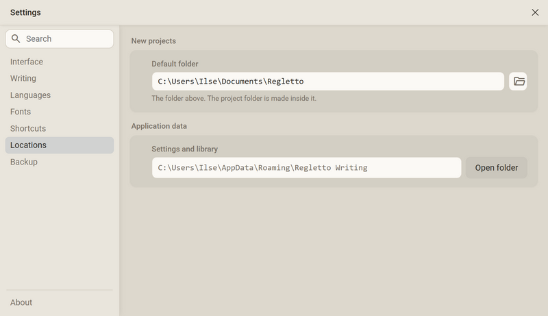 The settings in the category Locations with the default folder and the field Settings and library with the button Open folder