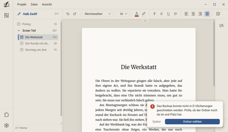 Ein Kasten unten rechts: Das Backup konnte nicht geschrieben werden, mit den Knöpfen Später und Ordner wählen
