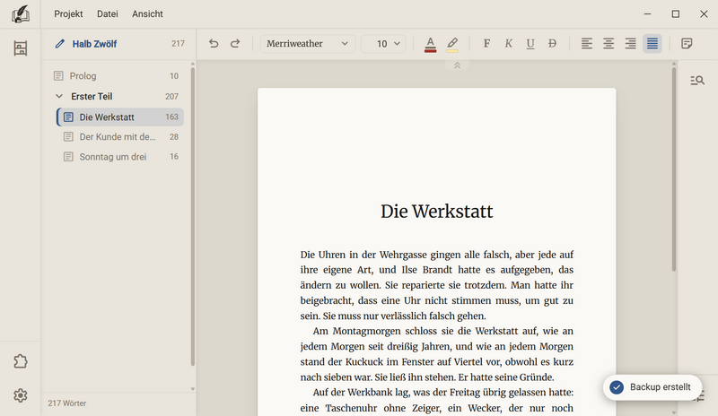 Eine kurze Zeile mit Haken unten rechts: Backup erstellt