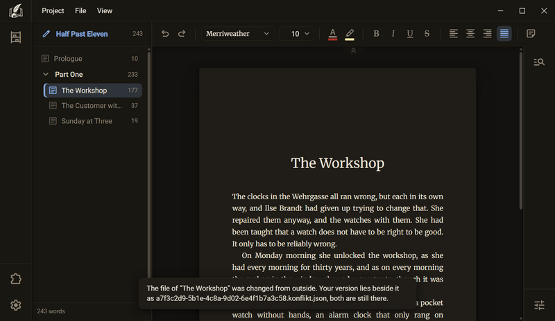 The manuscript with a line at the bottom centre: The file of The Workshop was changed from outside, Your version lies beside it, both are still there, dark mode