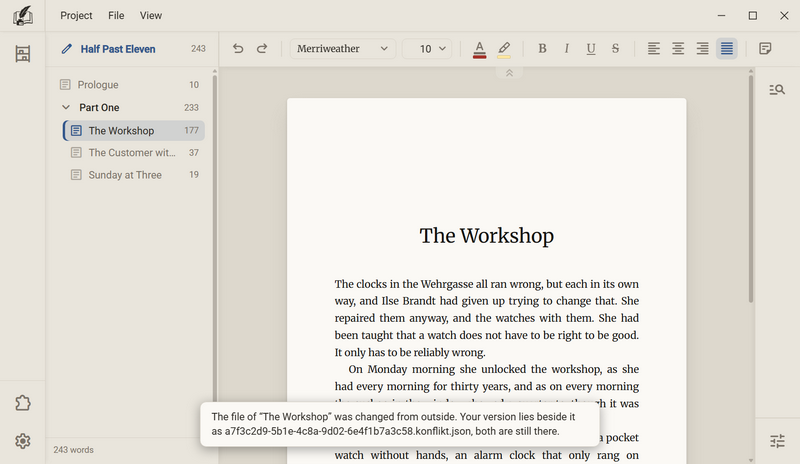 The manuscript with a line at the bottom centre: The file of The Workshop was changed from outside, Your version lies beside it, both are still there
