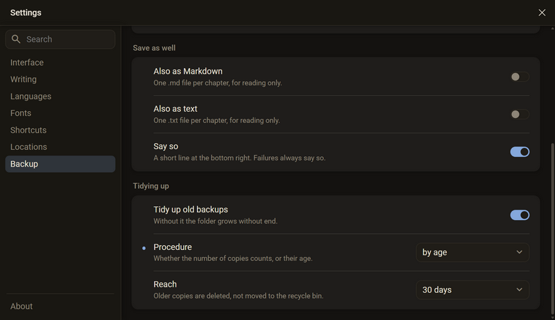 Further down in the category Backup: Also as Markdown, Also as text, Say so and the area for tidying up with the procedure by age and the reach 30 days, dark mode