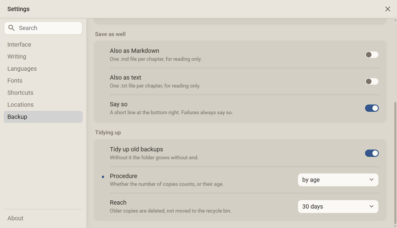 Further down in the category Backup: Also as Markdown, Also as text, Say so and the area for tidying up with the procedure by age and the reach 30 days
