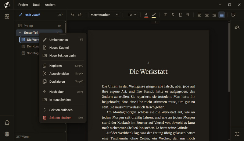 Das Menü einer Sektion, dunkles Farbschema