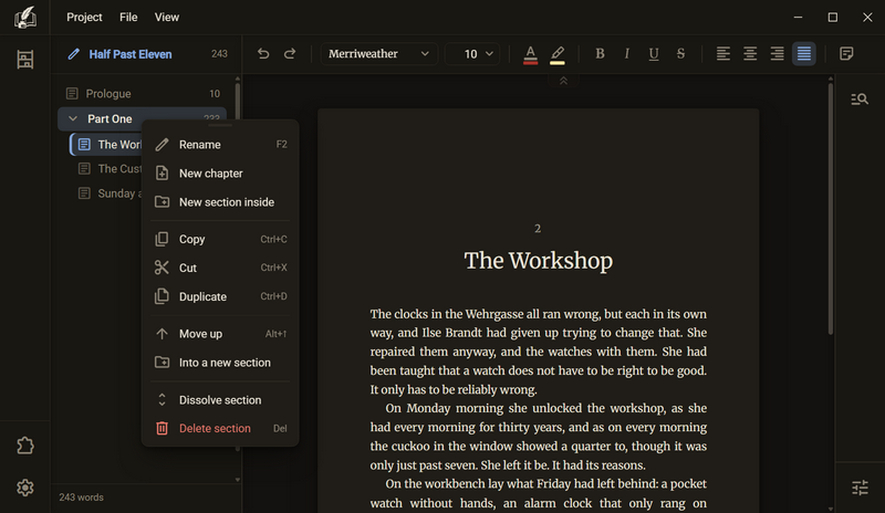 The menu of a section, dark color scheme