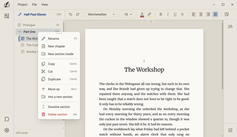 The menu of the section Part One with Rename, New chapter, New section inside, Copy, Cut, Duplicate, Move up, Into a new section, Dissolve section and Delete section