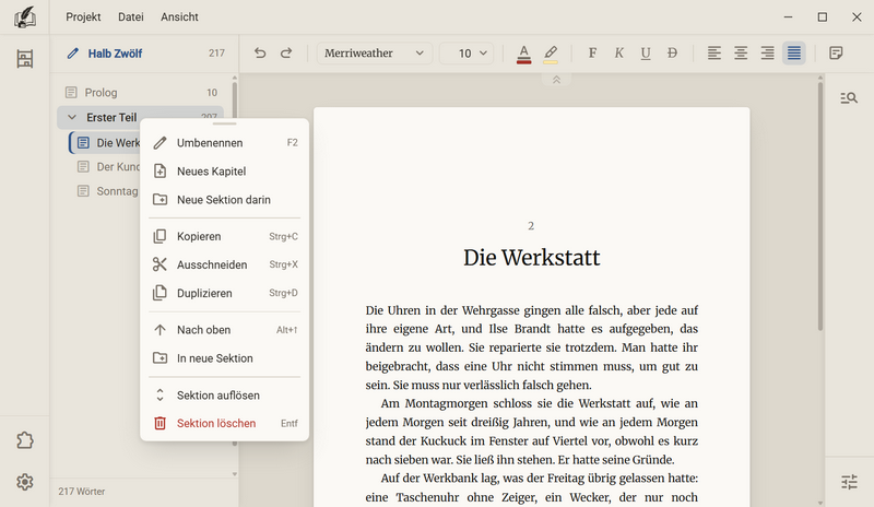 Das Menü der Sektion Erster Teil mit Umbenennen, Neues Kapitel, Neue Sektion darin, Kopieren, Ausschneiden, Duplizieren, Nach oben, In neue Sektion, Sektion auflösen und Sektion löschen
