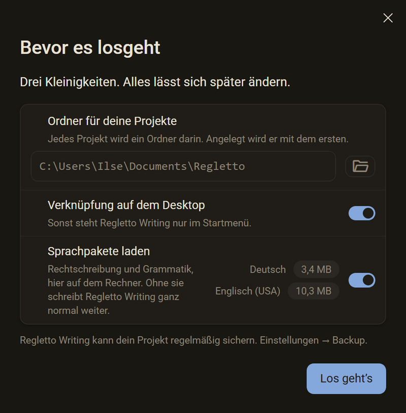 Der Dialog „Bevor es losgeht“, dunkles Farbschema