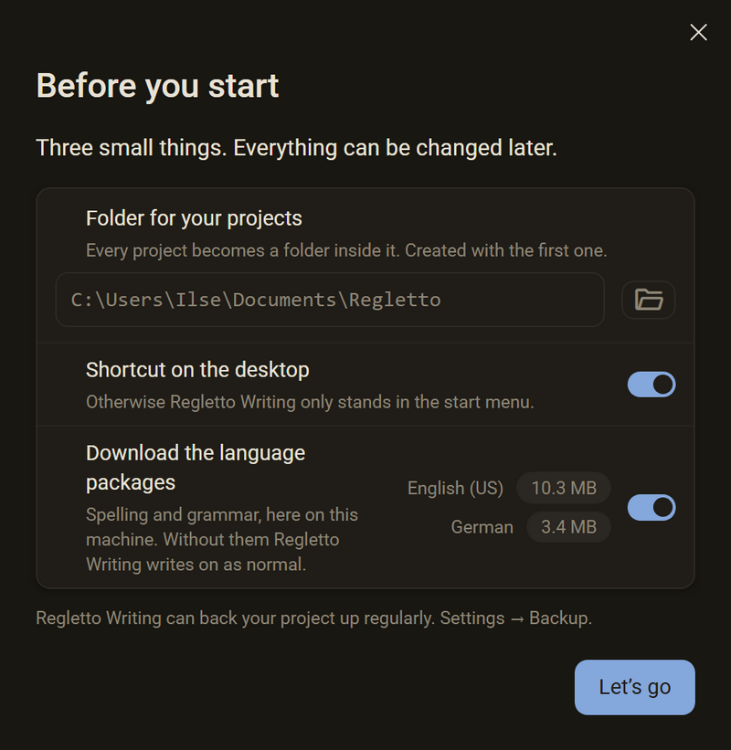 The dialog “Before you start”, dark color scheme