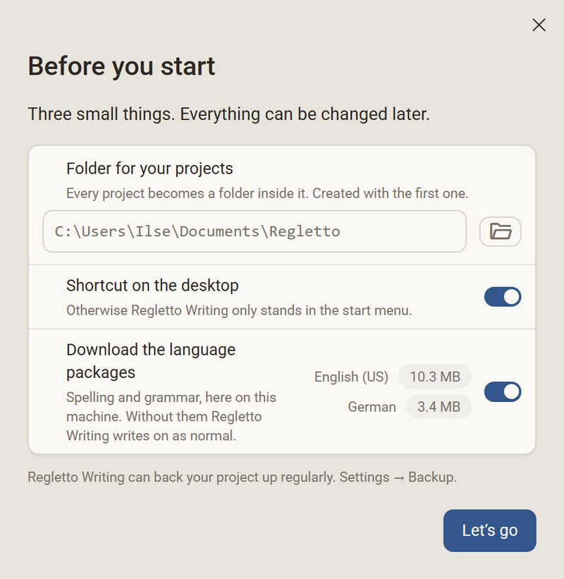 The dialog “Before you start” with the folder for the projects, the shortcut on the desktop and the language packages