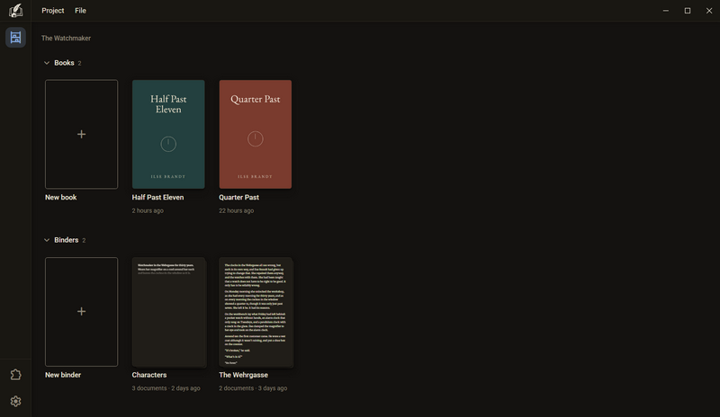 The library with two books and two binders, dark mode
