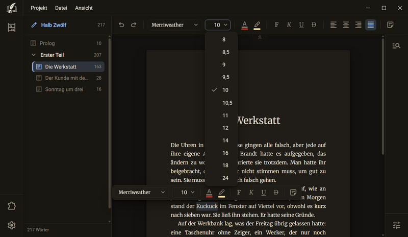 Die Liste der Schriftgrade von 8 bis 24 unter dem Gradfeld, bei 10 steht ein Haken, dunkles Farbschema