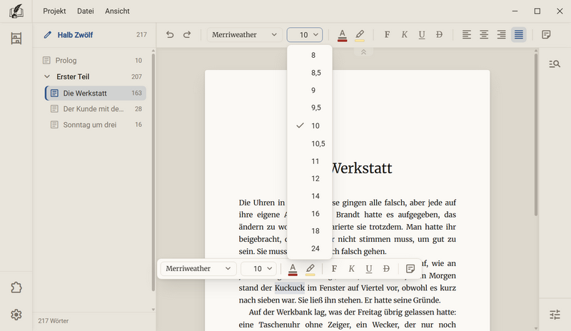 Die Liste der Schriftgrade von 8 bis 24 unter dem Gradfeld, bei 10 steht ein Haken