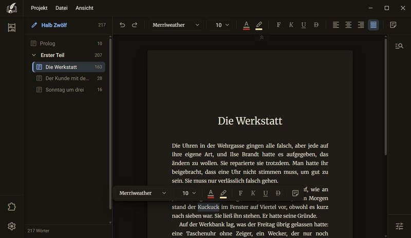 Das Manuskript mit dem Wort Kuckuck markiert, darüber der Werkzeugkasten mit Schrift, Grad, Farbe, Marker, Fett, Kursiv, Unterstrichen, Durchgestrichen und Notizen, dunkles Farbschema