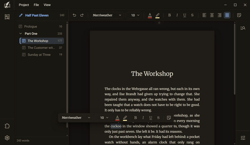The manuscript with the word cuckoo marked, above it the toolbox with Typeface, Type size, Text colour, Highlighter, Bold, Italic, Underlined, Struck through and Notes, dark colour scheme