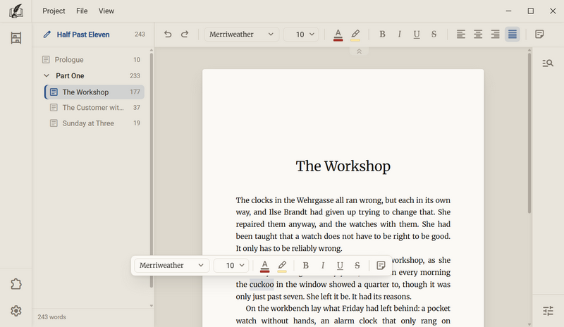 The manuscript with the word cuckoo marked, above it the toolbox with Typeface, Type size, Text colour, Highlighter, Bold, Italic, Underlined, Struck through and Notes