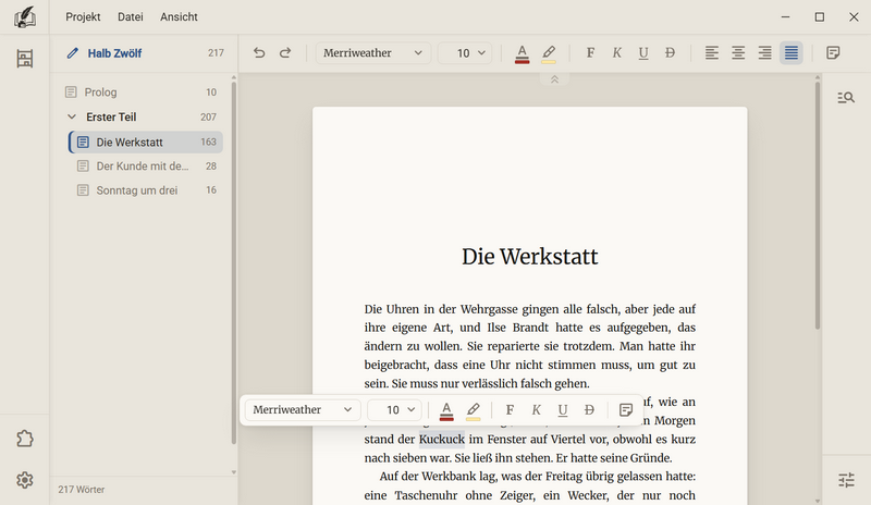 Das Manuskript mit dem Wort Kuckuck markiert, darüber der Werkzeugkasten mit Schrift, Grad, Farbe, Marker, Fett, Kursiv, Unterstrichen, Durchgestrichen und Notizen