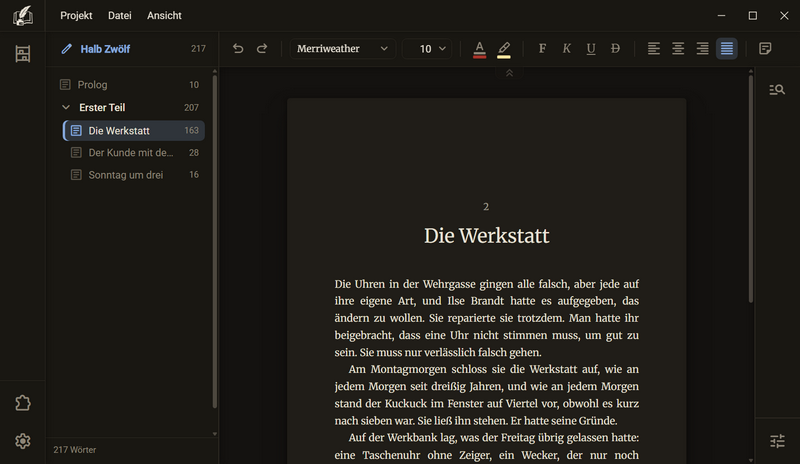 Das Manuskript, dunkles Farbschema