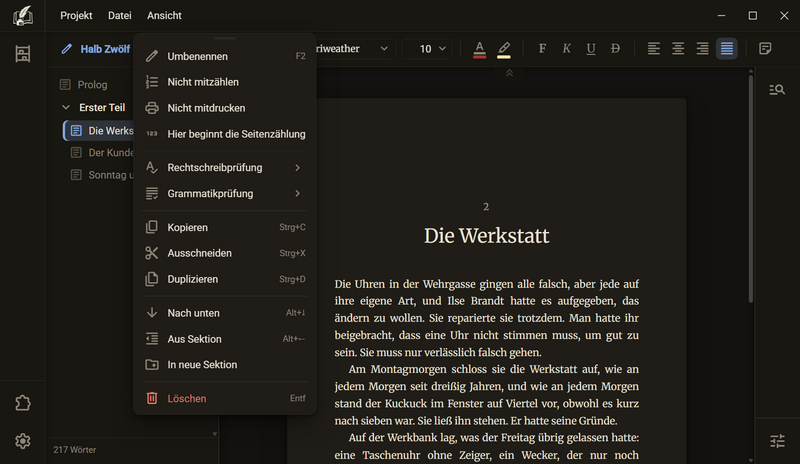 Das Menü eines Kapitels, dunkles Farbschema