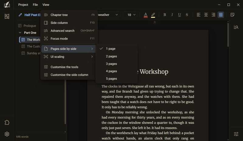 The View menu with the open entry Pages side by side and the list 1 page to 5 pages, a check mark at 1 page, dark colour scheme