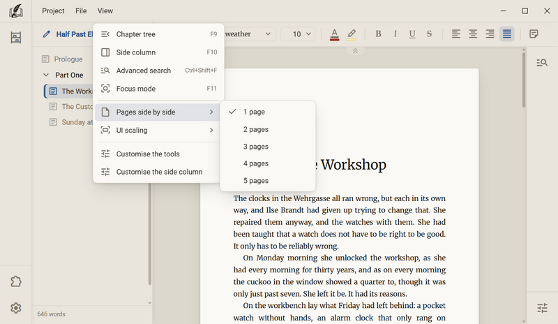 The View menu with the open entry Pages side by side and the list 1 page to 5 pages, a check mark at 1 page